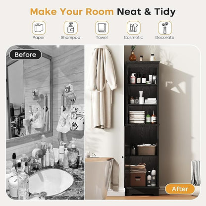 Narrow Bathroom Storage Cabinet with Door and Open Adjustable Shelves, 60.9" H Wooden Tall Tower Corner Farmhouse Cabinet, Freestanding Organizer for Kitchen, Entryway Black