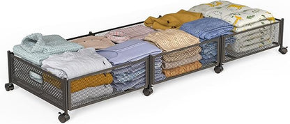 Under Bed Storage With Wheels, 47.2''/90lbs/57.6L, Metal Frame Under Bed Rolling Storage, Tool-Free Assembly Underbed Drawers, Underbed Organizer Containers for Shoes, Clothes and Toys