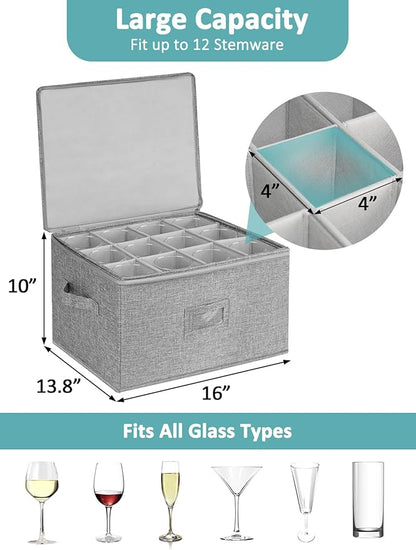 Cirhy Wine Glass Storage Box Hard Shell, 10'' Tall Stemware Storage Containers for Moving, Holds 24 Crystal Glasses & Flutes, Stackable Glassware Chest with Dividers, Grey (2-Pack)