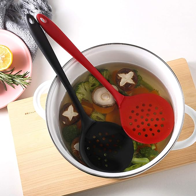 Silicone Skimmer Spoon Set 2, Non-Stick Cooking Slotted Colander Spoon Skimmer Strainer, Kitchen Sink Ladle Strainer Silicone Filter Spoon with Long Handle,Red and Black 32.5X10CM