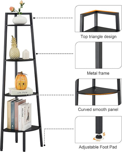 Hoctieon Corner Shelf, 4-Tier Corner Bookshelf, Rustic Ladder Shelf, Industrial Display Stand for Living Room, Kitchen, Home Office, Balcony, Small Space, Metal Frame, Black