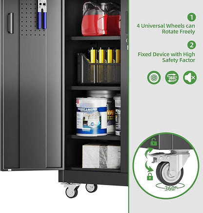 Garage Storage Cabinet with Wheels and Pegboard, 71" H x 32" W x 16" D Lockable Metal Storage Cabinet with 5 Adjustable Shelves and 2 Doors for Garage Home, Assembly Required, Black