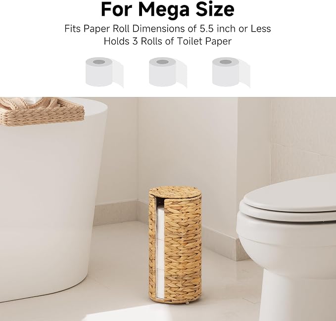 StorageWorks Water Hyacinth Free Standing Toilet Paper Holder Stand for Bathroom, 3 Rolls of Toilet Tissue Storage with a Built-in Cloth Lining, Toilet Roll Holder Stand with Lid