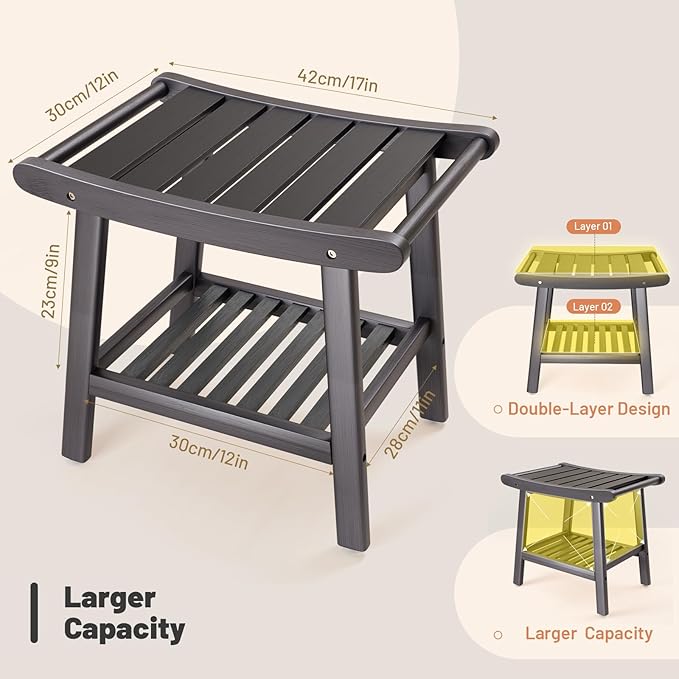 Bamboo Shower Bench Stool, Shower Chair for Inside Shower with 2-Tier Storage Shelf, Waterproof Shower Seat for Shaving Legs, Spa Bathroom Shower Bench-Grey