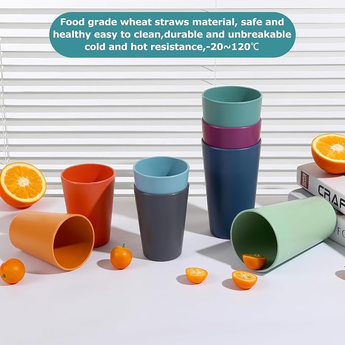HEYCOME Set of 16 Wheat Straw Cups, 8 Pcs 20 oz & 8 Pcs 12 oz Unbreakable Drinking Cups, Reusable Plastic Cups Sets, Water Glasses Tumblers, Microwave & Dishwasher Safe, Bpa Free, 8 Colors