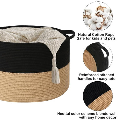 90L Extra Large Blanket Basket,Woven Laundry Basket Hamper with Handles, Decorative Nursery Basket Storage Bin for Toys, Clothes Organizer, Living Room, Bedroom, Bathroom, Black&Camel