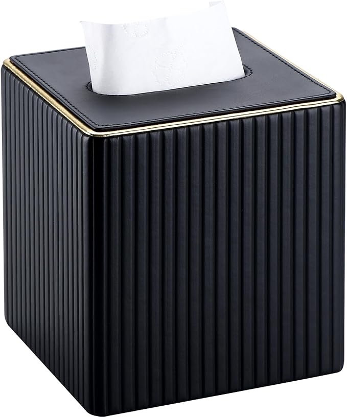 KINGFOM Tissue Box Cover, PU Leather Square Tissue Box Holder for Kleenexs with Magnetic Bottom Cover for Facial Tissues/Napkins, Office & Living Room Decor Box Black