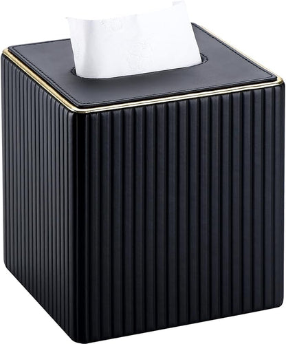 KINGFOM Tissue Box Cover, PU Leather Square Tissue Box Holder for Kleenexs with Magnetic Bottom Cover for Facial Tissues/Napkins, Office & Living Room Decor Box Black