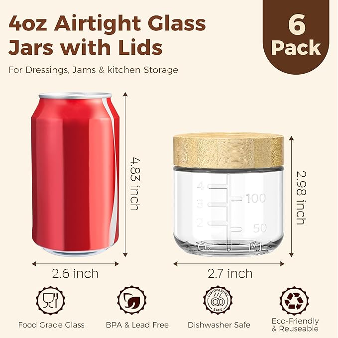HomArtist 4oz Glass Salad Dressing Containers with Bamboo Lids - 6 Pack Small Airtight Condiment Cups, Leakproof Mini Sauce Jars for Picnic, Ketchup, Dip & Snacks, BPA-Free & Dishwasher Safe