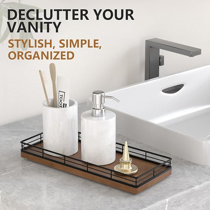 Bathroom Tray for Counter Top Organizer – Oak Wood Vanity Tray with Metal Frame for Dresser, Kitchen, Nightstand – Black & Brown Decorative Storage