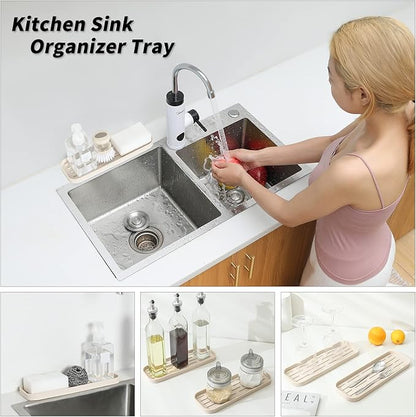 MicoYang Silicone Kitchen Sink Organizer Tray for Multiple Usage,Eco-Friendly Sponges Holder for Kitchen Bathroom Counter or Sink,Dish Soap Dispenser,Scrubber,Bottle,Cup (Tapioca, 12"×4")