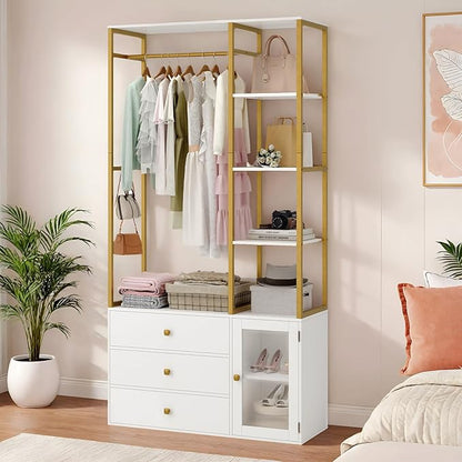 Closet System Organizer, 81.3” H Wardrobe Closet with 3 Wooden Drawers, Clothes Rack with Hanging Rods, 4 Tiers Shelves, Metal Frame, White and Gold