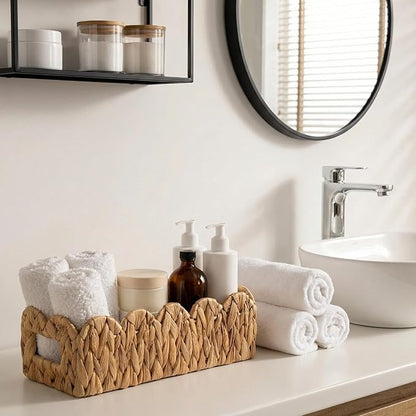 3 Pack Water Hyacinth Toilet Paper Basket for Organizing Scalloped Edge Wicker Basket with Handles Toilet Tank Paper Holder Storage for Bathroom Bedroom Countertop Shelf Decor(Natural Color)