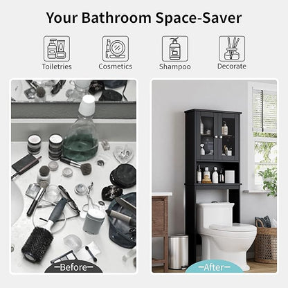 Shintenchi Over The Toilet Storage Cabinet, Bathroom Shelf Organizer with Anti-Tip Device Small Freestanding Space Saver with Adjustable Shelf and Glass Door, Black