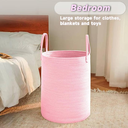 JMvicyroam Large Woven Laundry Basket Hamper,60L Cotton Rope Storage Bin for Blankets,Toys and Clothes,Decorative Tall Nursery Hamper for Living Room,Baby Nursery,Bathroom and Bedroom,Pink