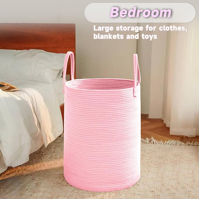 JMvicyroam Large Woven Laundry Basket Hamper,100L Cotton Rope Storage Bin for Blankets,Toys and Clothes,Decorative Tall Nursery Hamper for Living Room,Baby Nursery,Bathroom and Bedroom,Pink