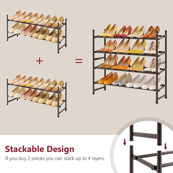 Tajsoon 2 Tier Expandable Shoe Rack for Closet, 28“-41“Adjustable & Stackable Shoe Shelf Storage, Metal Shoe Rack Organizer for Front Door Entrance, Closet, Garage, Entryway, Bronze