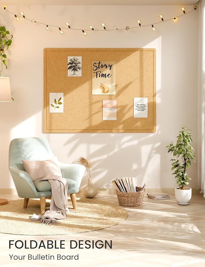 Fluxynara Large Bulletin Board, 47.2" x 35.4"Cork Board Alternative with 24 Safe Removable Adhesive Tabs, Foldable Felt Pin Board for Home Office, Classroom, Bedroom,Entryway for Walls— Mustard Yellow