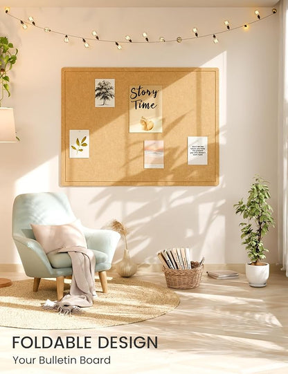Fluxynara Large Bulletin Board, 47.2" x 35.4"Cork Board Alternative with 24 Safe Removable Adhesive Tabs, Foldable Felt Pin Board for Home Office, Classroom, Bedroom,Entryway for Walls— Mustard Yellow