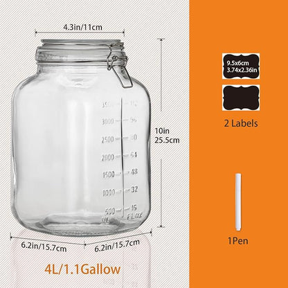 1.1 Gallon Large Glass Food Storage Jars with Airtight Lids,Set of 2 Square Wide Mouth Airtight Glass Storage Container,135oz Kitchen Mason Jar with Measurement Mark,for Flour Sugar Canning.