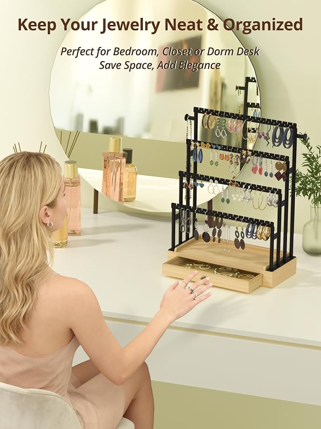 Earring Holder Organizer, 4-Tier Metal Jewelry Display Stand with Wooden Drawer, Large Earring Organizer for Studs, Hoops, and Dangles, Modern Earring Storage Rack for Vanity or Dresser