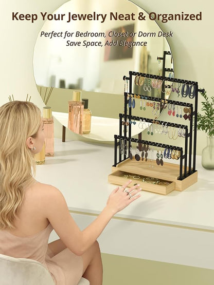 Earring Holder Organizer, 4-Tier Metal Jewelry Display Stand with Wooden Drawer, Large Earring Organizer for Studs, Hoops, and Dangles, Modern Earring Storage Rack for Vanity or Dresser
