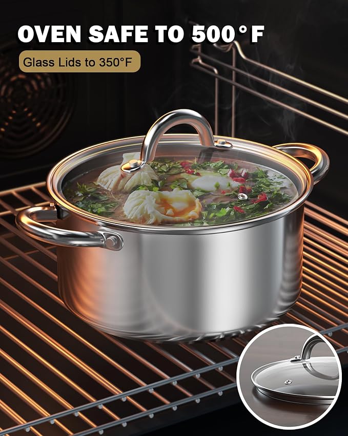 Cook N Home Basics 8 Quart Stainless Steel Stock Pot with Lid, Cooking Pot for Pasta, Soup, Sturdy Handle, Stockpot with Even Heating, Oven & Dishwasher Safe, Cookware for Canning, Boiling