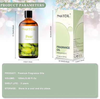 PHATOIL 3.38FL.OZ Pear Fragrance Oils for Aromatherapy, Essential Oils for Diffusers for Home, Perfect for Diffuser, Yoga, Skin Care, DIY Candle and Soap Making - 100ml
