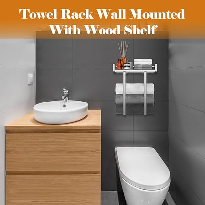Towel Rack Wall Mounted, Xstydes Metal Towel Holder with Wooden Shelf for Folding Large Towels, Towel Storage for Small Bathroom Organizer Decor or RV Camping, Silver
