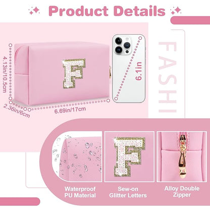 Small Personalized Initial A-Z Patch Makeup Bag,Pink Cute PU Leather Glitter Letter Cosmetic Bag for Teen Girls,Travel Toiletry Bag with Zipper,Preppy Monogrammed Birthday Gift for Daughter Niece F