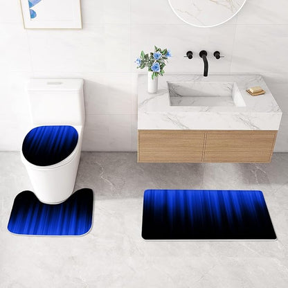 4 Pcs Royal Blue and Black Gradient Shower Curtain Set with Rugs and Toilet Lid Cover, Modern Simple Waterproof Fabric Bathroom Set, Ombre Stripe Gothic Abstract Bathroom Decor Set Accessories