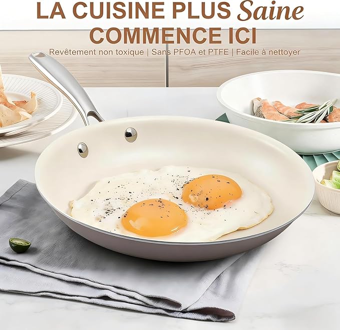 9.25 Inch Ceramic Nonstick Frying Pan with lid Skillet - PFAS-Free, Non-Toxic, Oven Safe & Induction Ready, Aluminum Cookware with Stainless Steel Handle