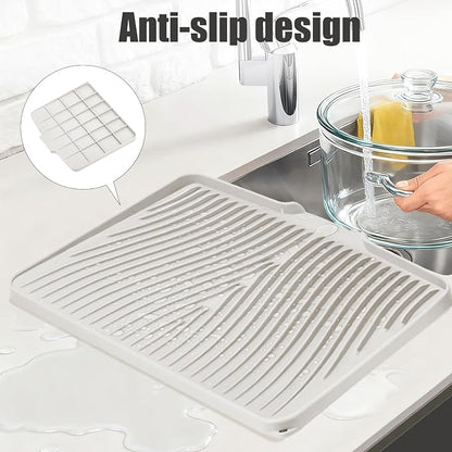 TIKNIK Silicone Dish Drying Mat for Kitchen Counter, Dish Drying Pad, Non-Slip Drain Pad with Built-in Drain, Heat Resistant Stone Drying Mat(16" x 12", Cream)