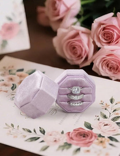 Velvet Ring Box, 3 Slots Wedding Ring Box, Vintage Octagon Premium Jewelry Display Holder Gift Box with Detachable Lid for Engagement Wedding Box Keepsake Box Bridal Photo