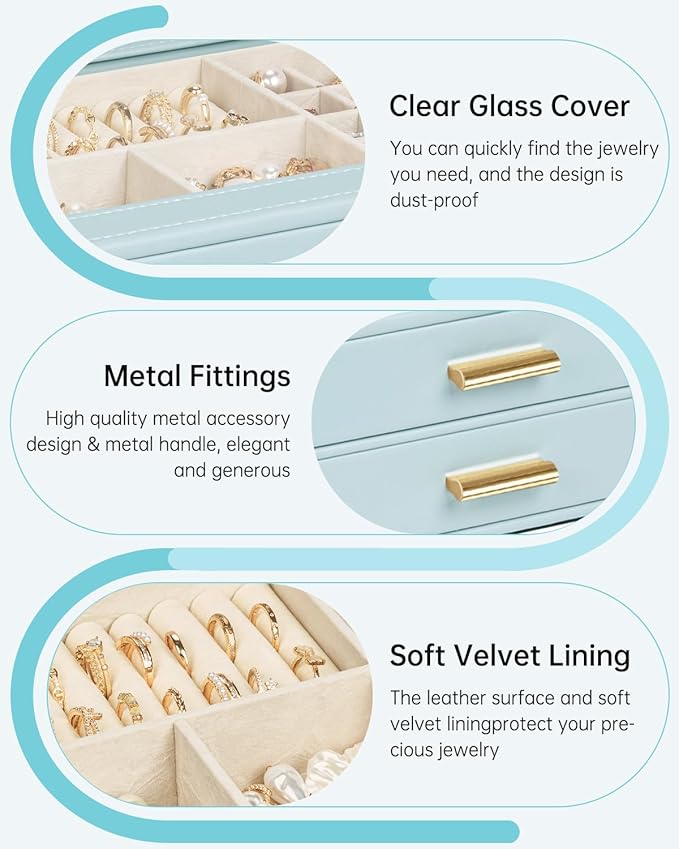 AKOZLIN Jewelry Box with Clear Lid Functional Leather Jewelry Storage Organizer Case 2 Drawers for Women Girls Necklace Ring Bracelet Earring
