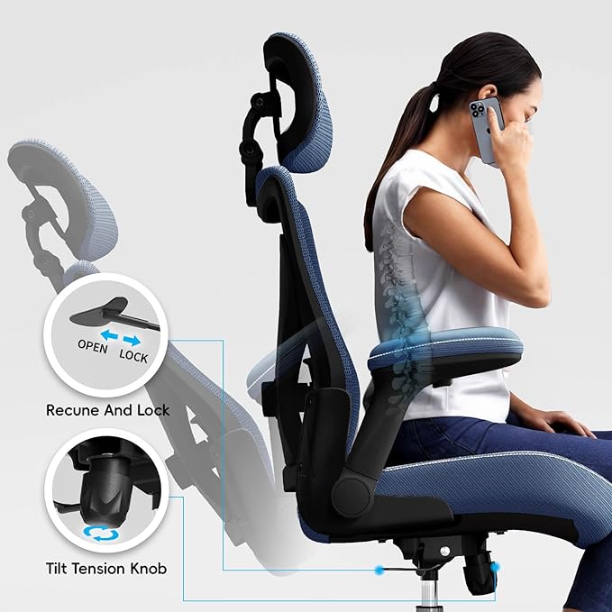 Office Home Ergonomic Desk Chair-Computer X-Shaped Chair Mesh PU Leather with Adjustable Lumbar Support-Executive Chair High Back Flip-Up Arms for Long Hours (Navy Blue)