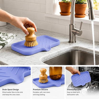 MicoYang Silicone Soap Dish with Drain Spout — Self-Draining Sink Organizer Tray for Bathroom & Kitchen, Sponges, Dispensers & Soap Holder, Non-Slip & Dishwasher Safe, Light Purple (Medium, 9.6"×5.3")
