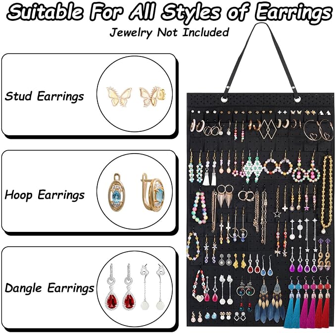 Caffox Hanging Earring Holder, Large Earring Organizer with 20Pcs Extra Hooks for Earrings, Necklaces, Bracelets, Jewelry and Sunglasses, Wall Earring Display for Home, Holds Up To 300 Pairs
