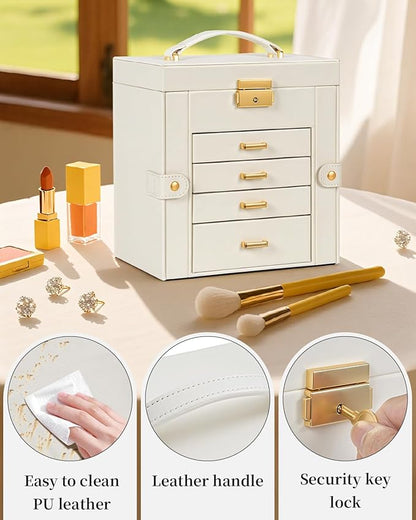 TORIBIO Jewelry Box for Women, Leather Jewelry Organizer with Mirror & Lock, 5-Tier Jewelry Storage Organizer with 4 Drawers for Girls/Women/Mothers, Necklace Earring Bracelets Holder Organizer