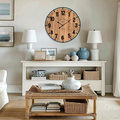 20 Inch Farmhouse Wall Clock Large Old Town Vintage Rustic Wooden Clock with Metal Rim and Large Numerals, Silent Battery-Operated for Office, Kitchen, Bedroom, and Living Room