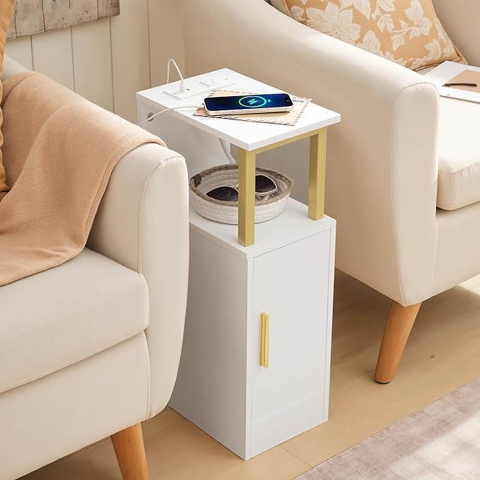 Narrow Nightstand, Bedside Table with Charging Station, Skinny End Table with Cabinet, Modern Night Stand for Small Spaces, Bed Side Cabinet for Bedroom, White and Gold ET27UDW