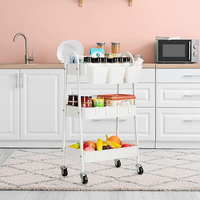 danpinera 3-Tier Rolling Cart, Utility Cart Mobile Metal Rolling Storage Cart with Lockable Wheels & Hanging Cups & Hooks for Kitchen, Bathroom, Office, Workshop, White