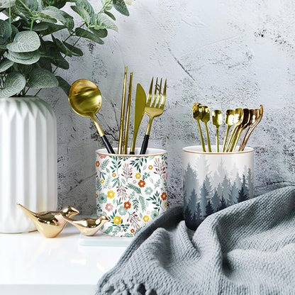 WAVEYU Pen Pencil Holder for Desk, Ceramic Pens Cup Cute Makeup Brushes Holder, Unique Desk Multifunctional Pen Organizer for Home, Office, and School, Forest Pattern