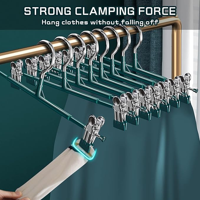 14Inch 50PACK Pants Hangers with Clips Adjustable Skirt Hangers for Women Metal Non-Slip Trousers Hanger Heavy Duty Space Saving Clothes Hanger for Shorts,Jeans,Green