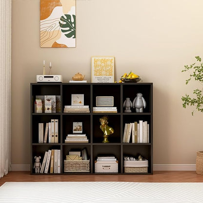 12-Cube Storage Shelf Bookcase - Wooden 3-Tier Floor Standing Open Bookshelf for Home and Office, Display Cabinet, Black