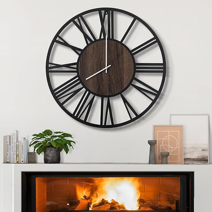 LEIKE Large Wall Clocks,Silent,Non Ticking,Battery Operated Rustic Round Modern Big Wood Wall Clock for Living Room, Bedroom,Kitchen,Farmhouse,Office,Home Decor-16 Inch(Black-Roman Numerals)