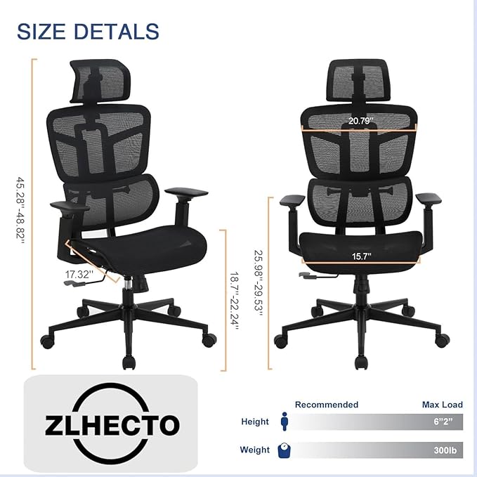 Ergonomic Office Chair, Desk Chair with Adjustable Height, Lumbar Support, High Back Mesh Computer Chairs with Flip up Armrests Support Home Gmaing Desk Chair, 360°Swivel, Tilt Lock and Wide Cushion