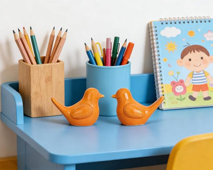 Artconal Small Orange Bird Statue Ceramic 2-Piece Set, 4½ inch Cute Knick Knack for Home Office Shelf Desk Decor
