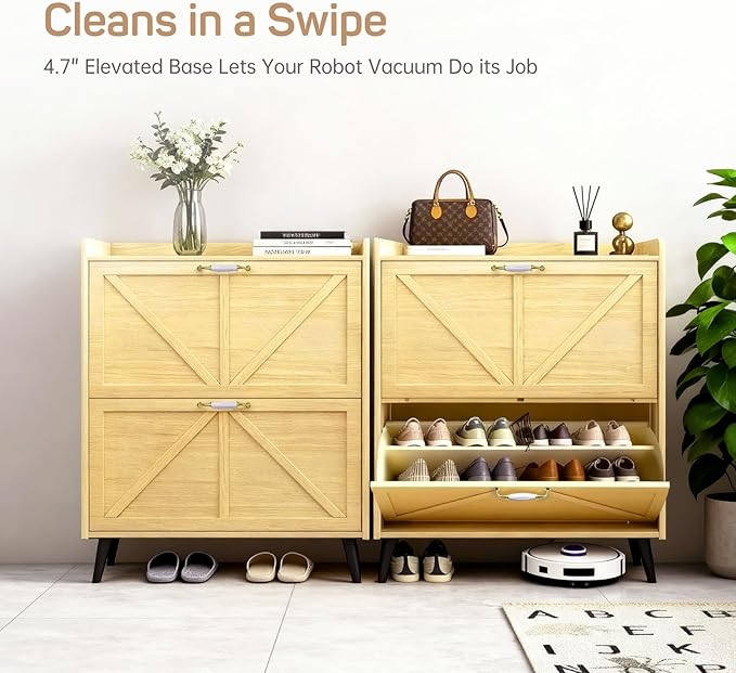 Shoe Storage Cabinet for Entryway with 2 Flip Drawers, Narrow Metal Slim Shoe Cabinet, Freestanding Hidden Shoe Organizer for Foyer, Hallway, Entryway - Wood Color