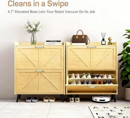 Shoe Storage Cabinet for Entryway with 2 Flip Drawers, Narrow Metal Slim Shoe Cabinet, Freestanding Hidden Shoe Organizer for Foyer, Hallway, Entryway - Wood Color